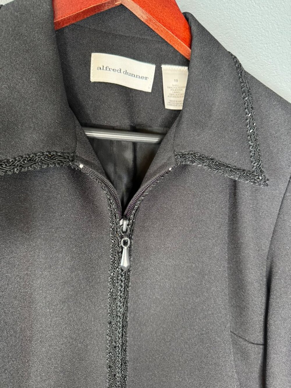 Alfred Dunner Jacket Womens 10 Black Beaded Braided Trim Zip Front Lined